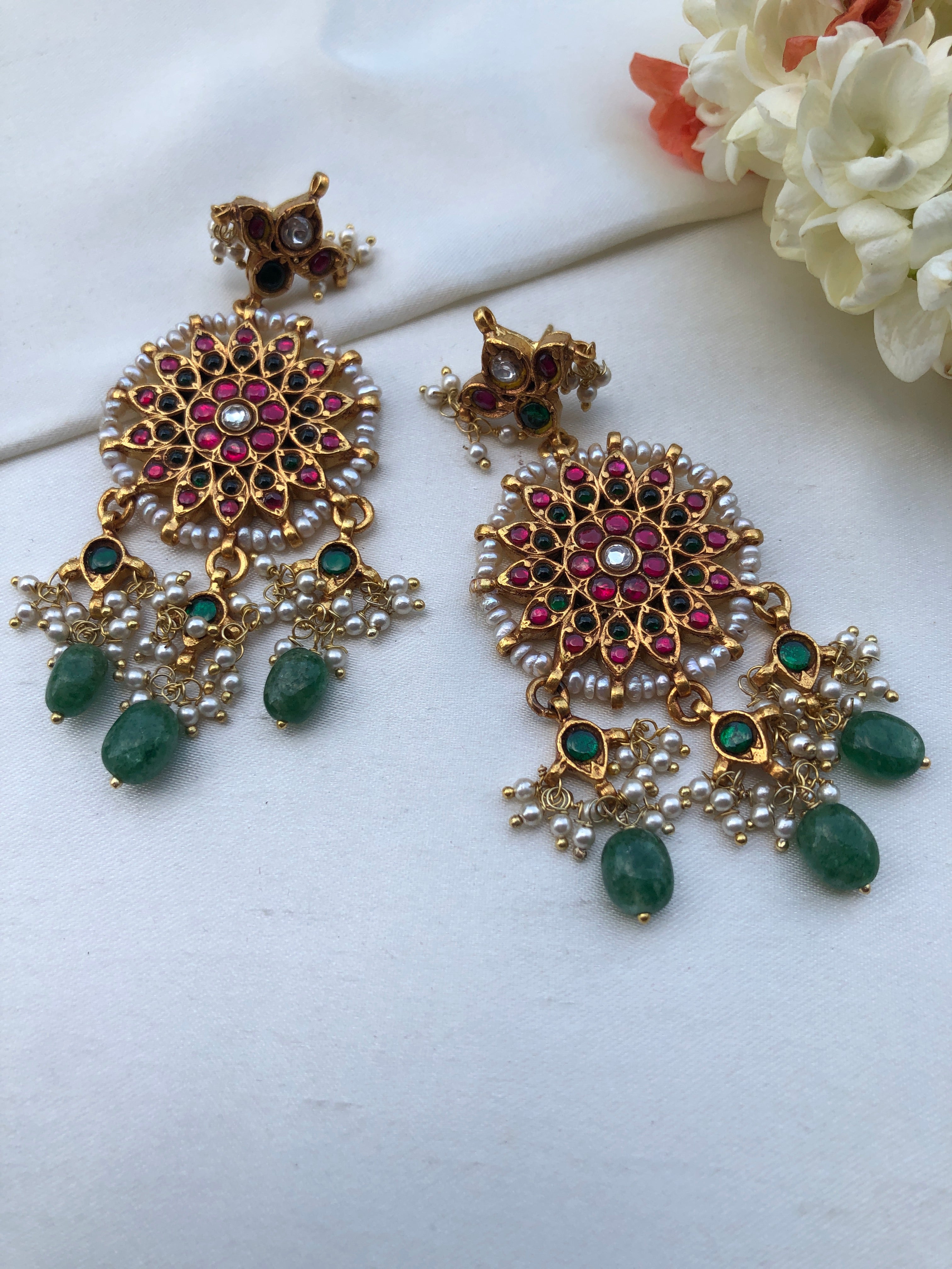 Kundan Earrings with intricate pearl work & green beads-Earrings-PL-House of Taamara
