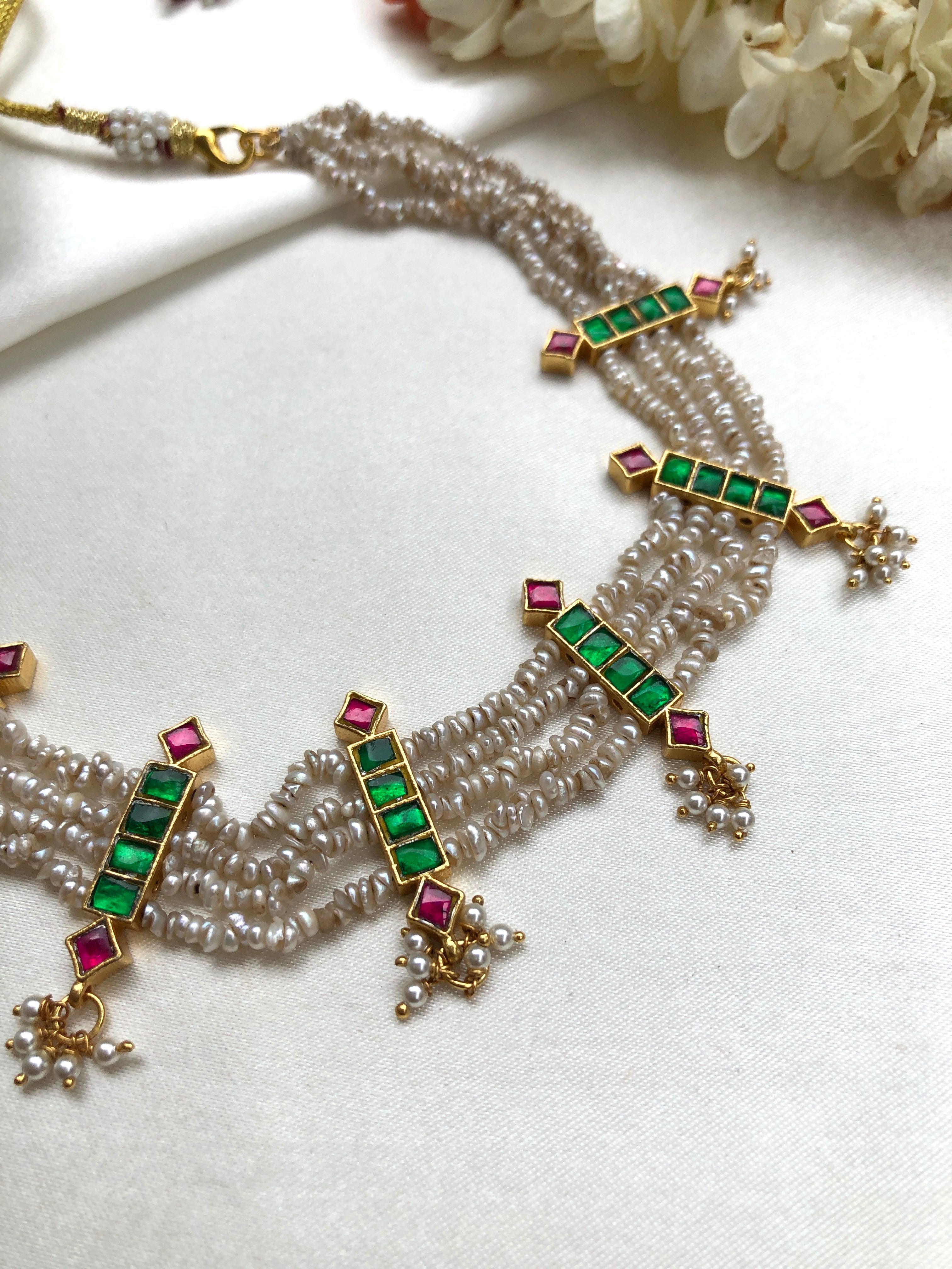 Kundan Green With Antique Style Pearls Necklace-Silver Neckpiece-PL-House of Taamara