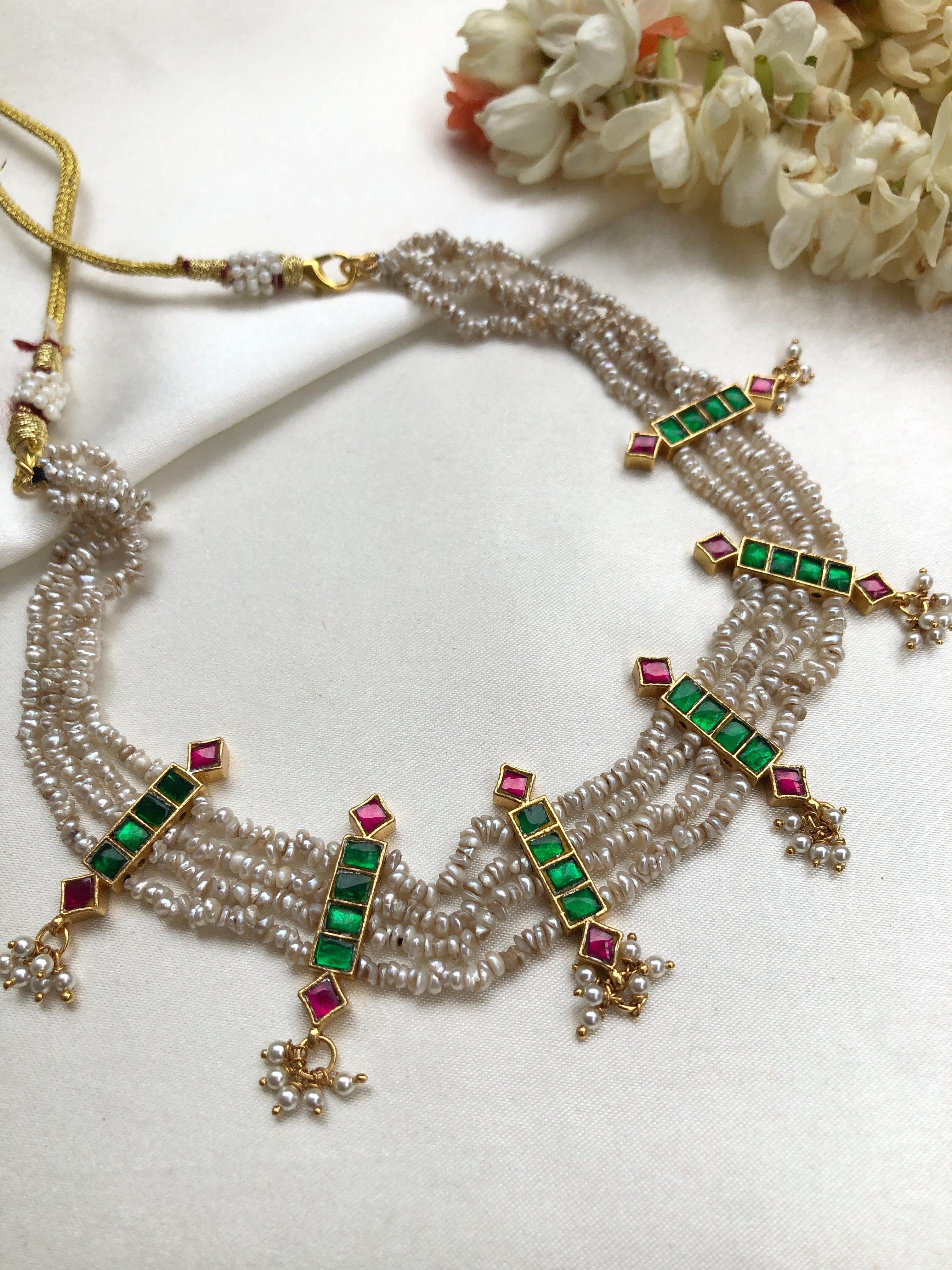 Kundan Green With Antique Style Pearls Necklace-Silver Neckpiece-PL-House of Taamara