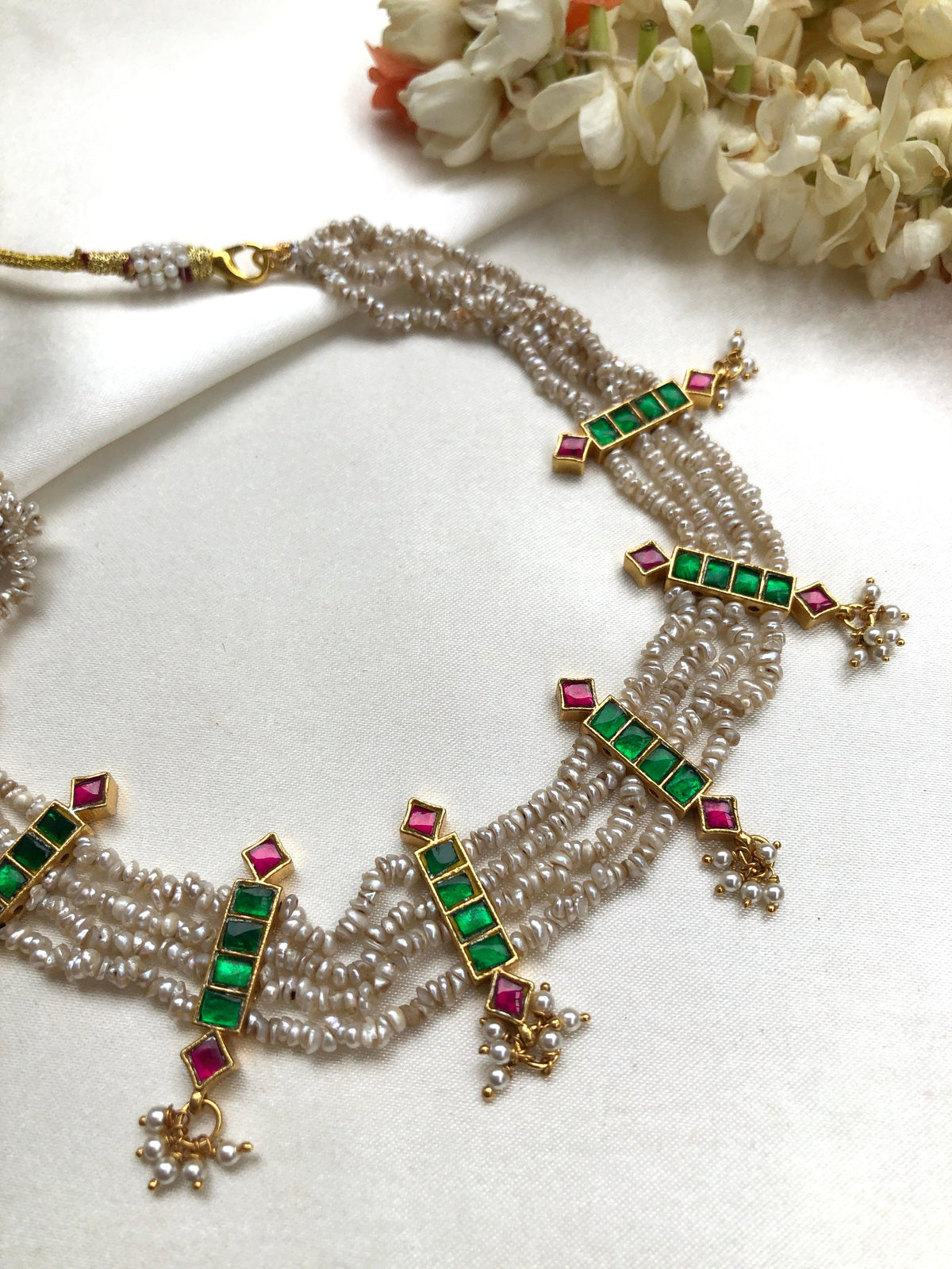 Kundan Green With Antique Style Pearls Necklace-Silver Neckpiece-PL-House of Taamara