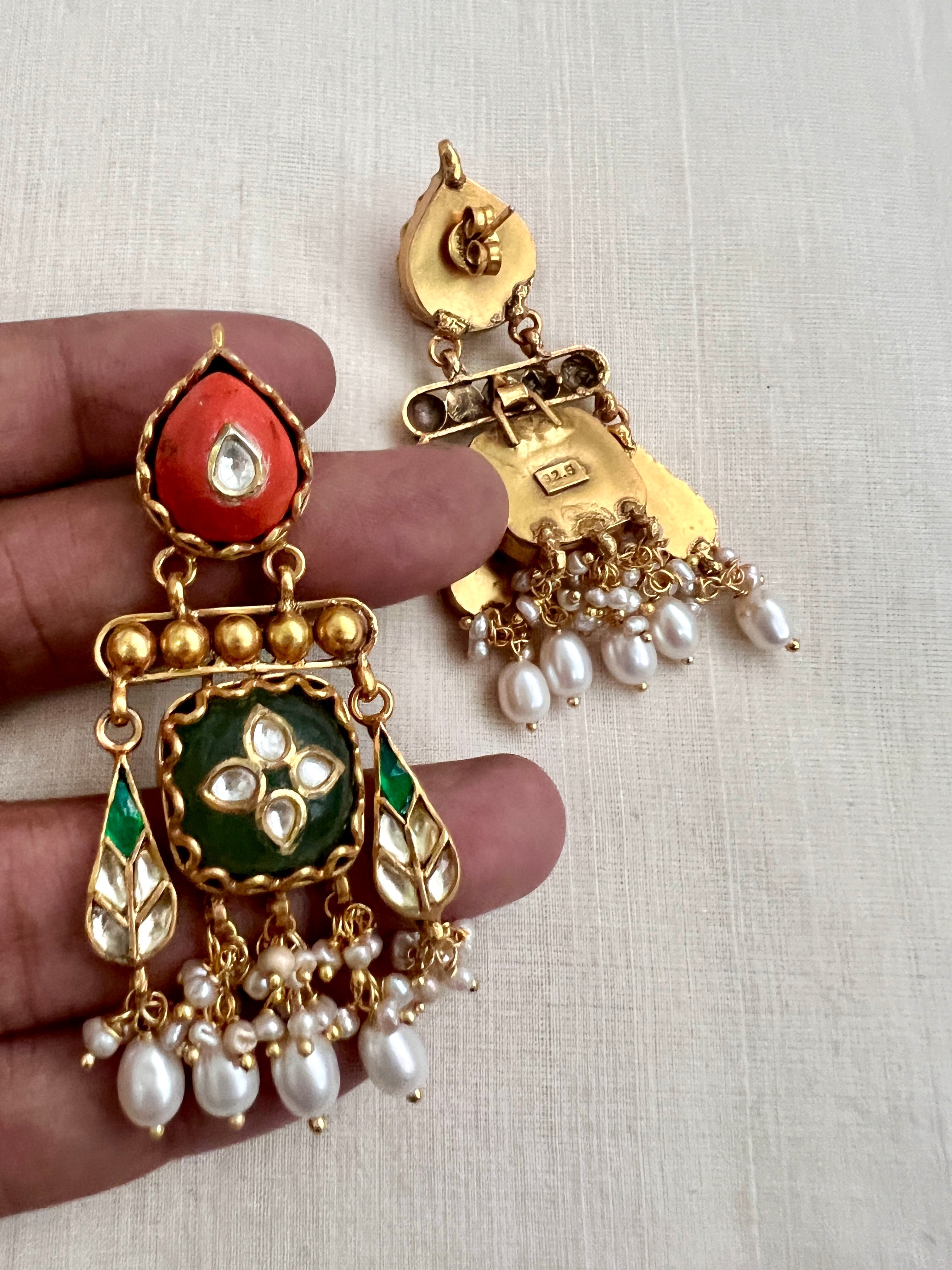 Kundan Inlay Work On Coral With Emerald Stone & Pearls Earrings-Earrings-CI-House of Taamara