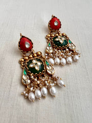 Kundan Inlay Work On Coral With Emerald Stone & Pearls Earrings-Earrings-CI-House of Taamara