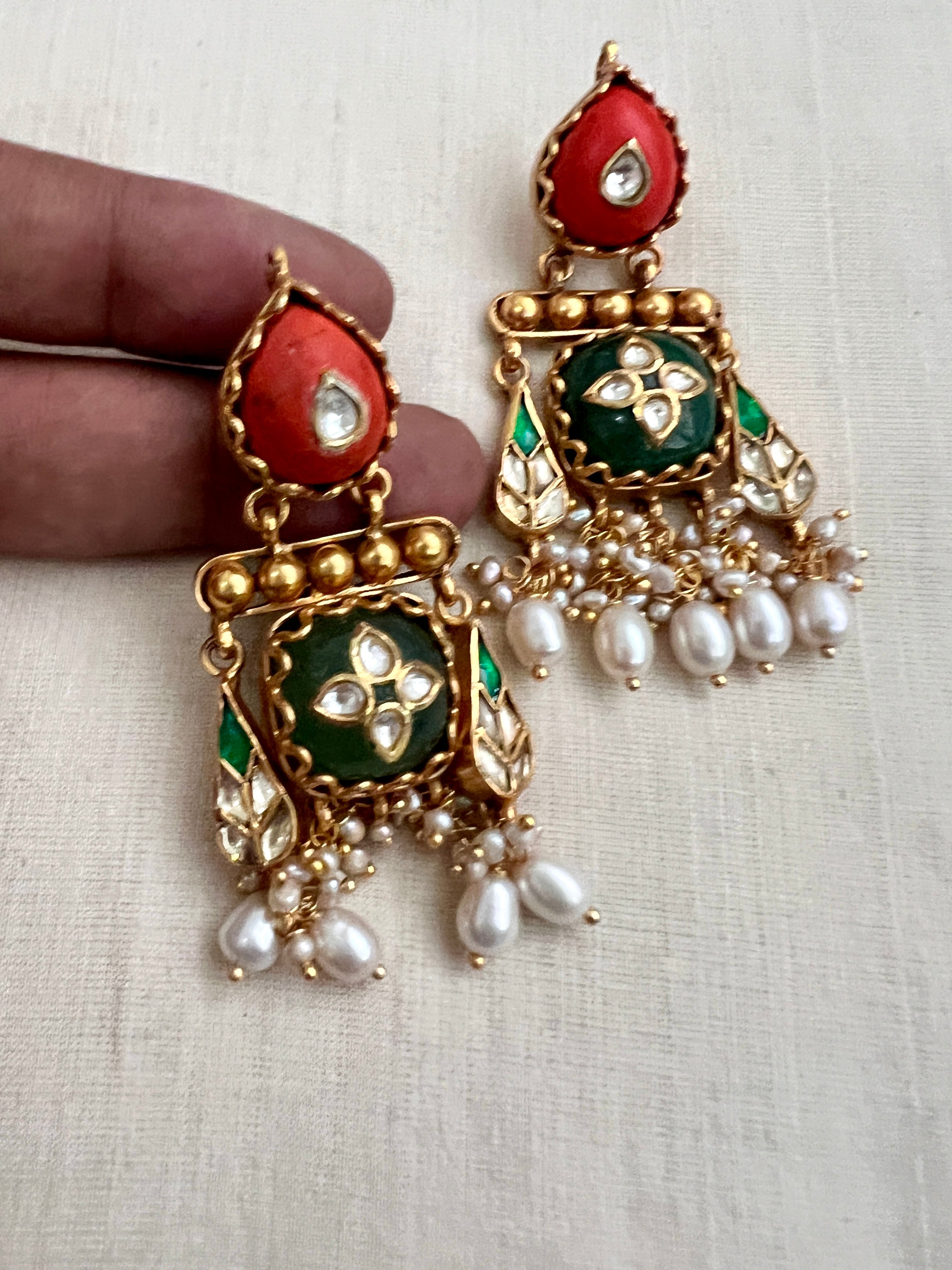 Kundan Inlay Work On Coral With Emerald Stone & Pearls Earrings-Earrings-CI-House of Taamara