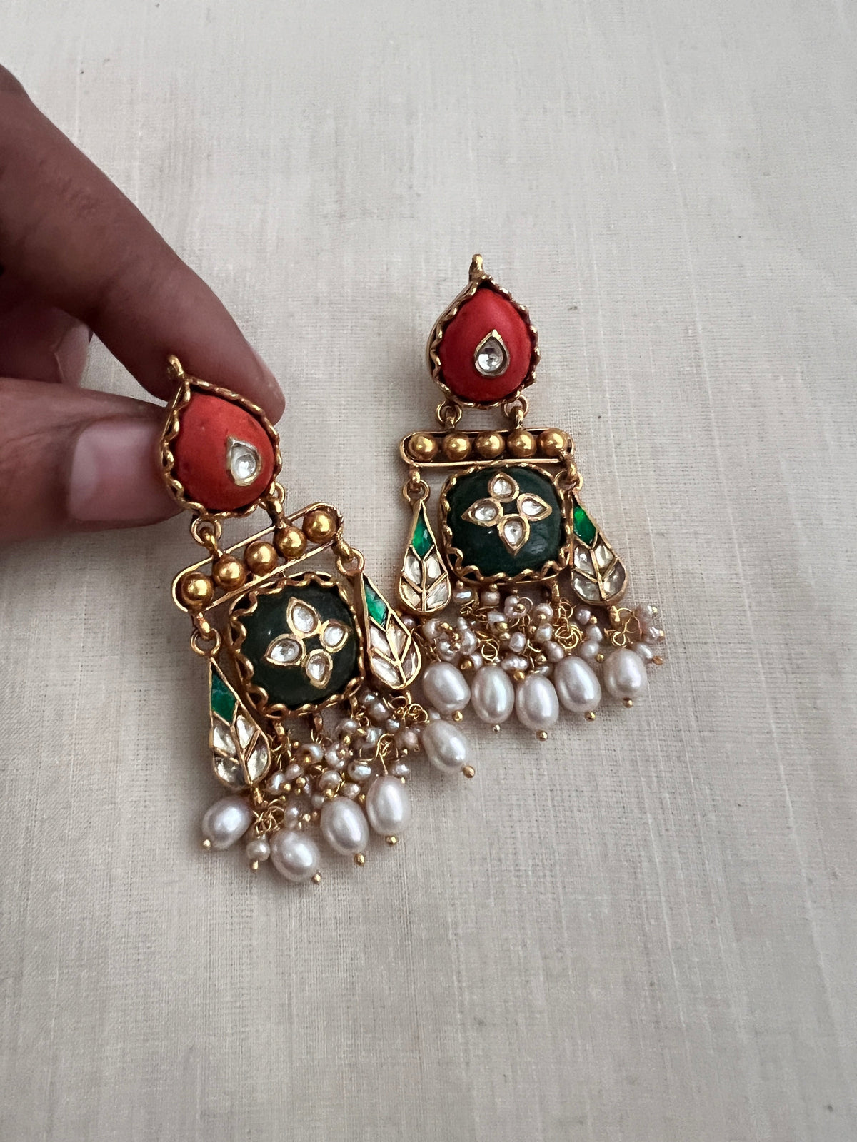 Kundan Inlay Work On Coral With Emerald Stone & Pearls Earrings-Earrings-CI-House of Taamara