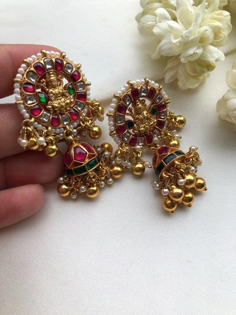 Kundan Lakshmi ruby and green jhumkas-Earrings-PL-House of Taamara