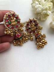 Kundan Lakshmi ruby and green jhumkas-Earrings-PL-House of Taamara