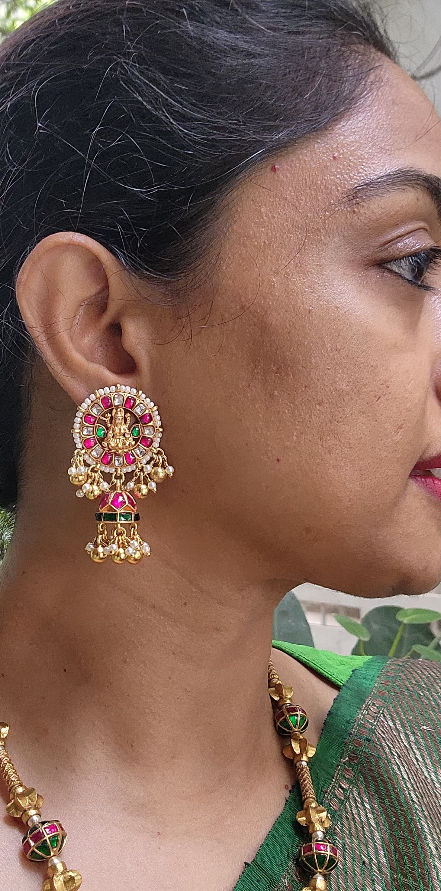 Kundan Lakshmi ruby and green jhumkas-Earrings-PL-House of Taamara