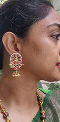 Kundan Lakshmi ruby and green jhumkas-Earrings-PL-House of Taamara