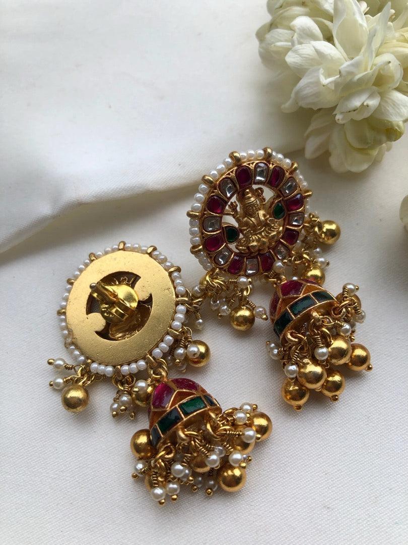 Kundan Lakshmi ruby and green jhumkas-Earrings-PL-House of Taamara