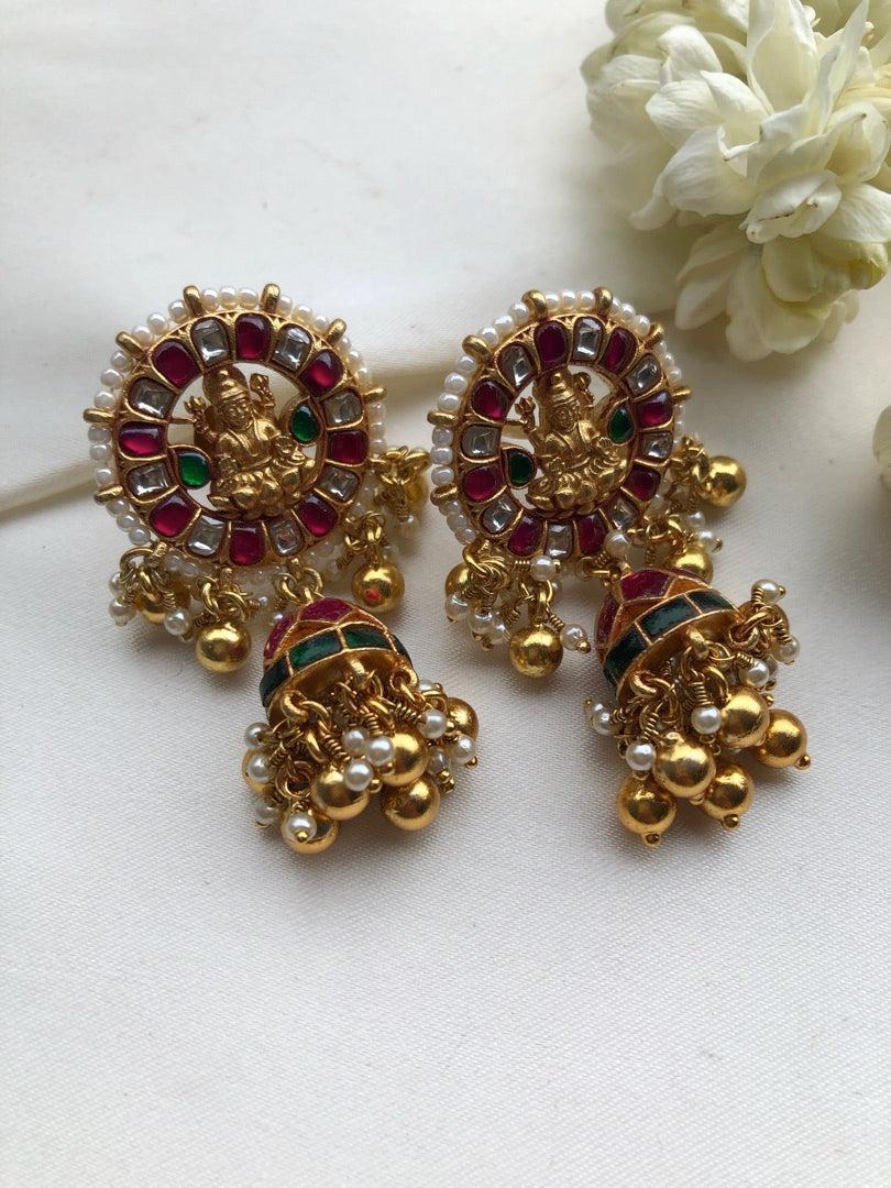 Kundan Lakshmi ruby and green jhumkas-Earrings-PL-House of Taamara