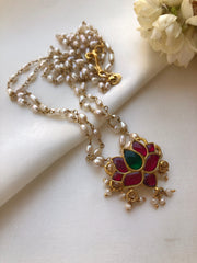 Kundan Lotus With Rice Pearls 2 Line Necklace (Made To Order)-Silver Neckpiece-PL-House of Taamara