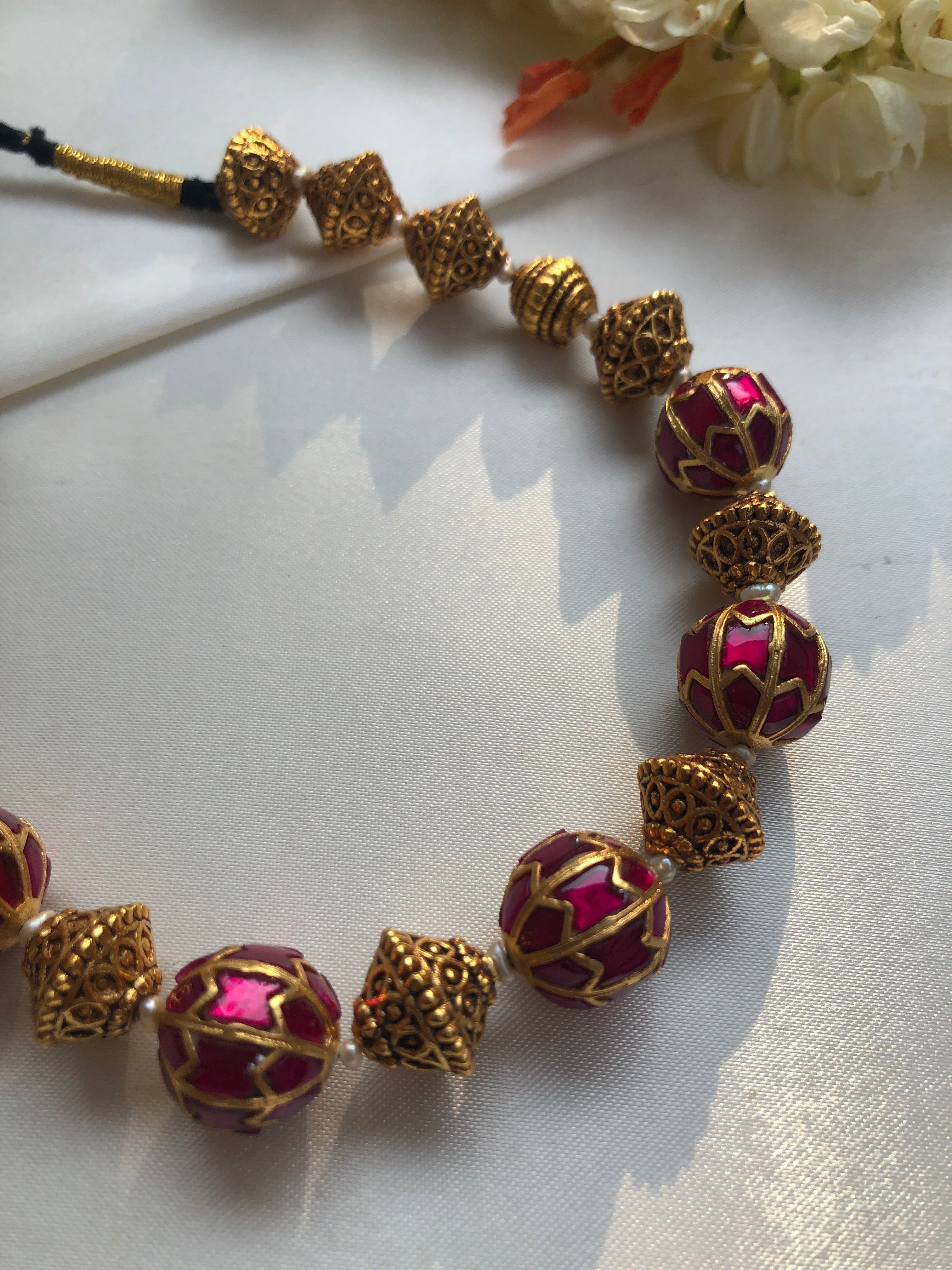 Kundan Ruby & Antique Beads Necklace (Made To Order)-Silver Neckpiece-PL-House of Taamara