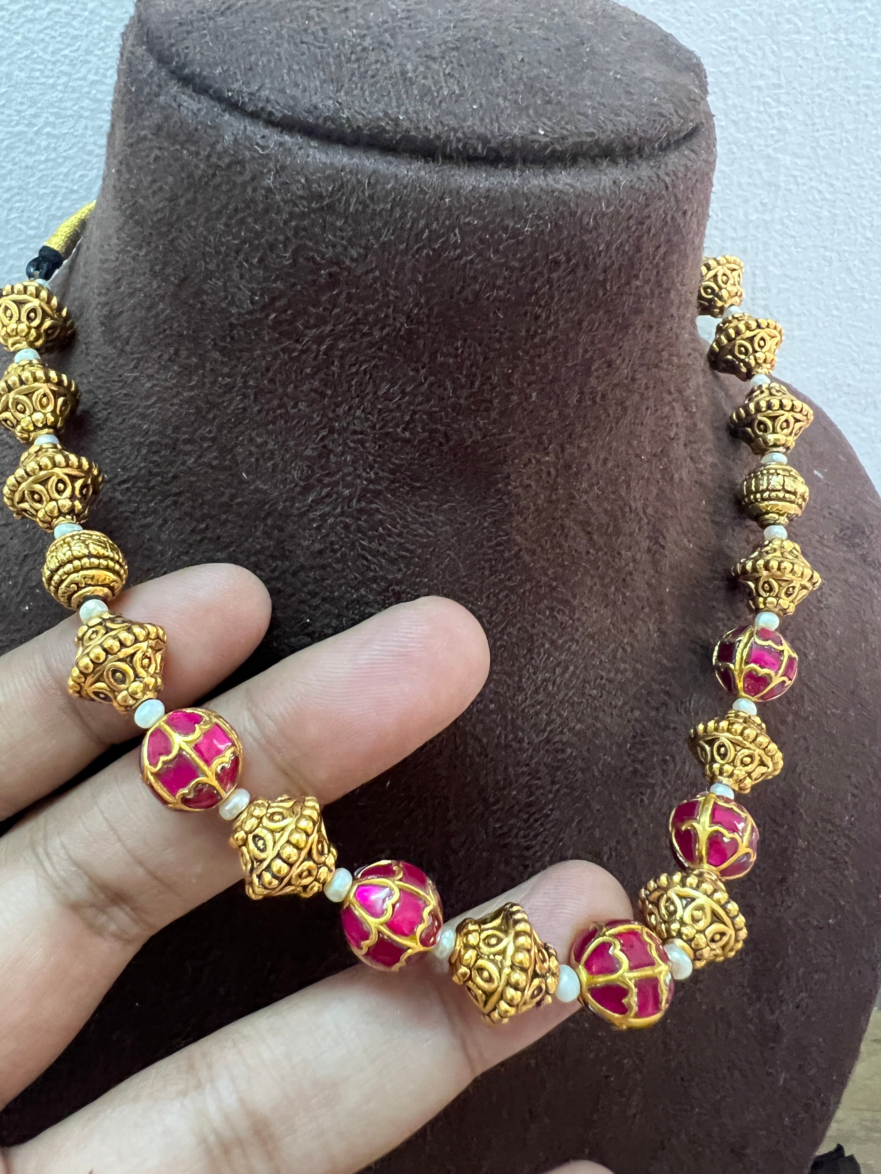 Kundan Ruby & Antique Beads Necklace (Made To Order)-Silver Neckpiece-PL-House of Taamara