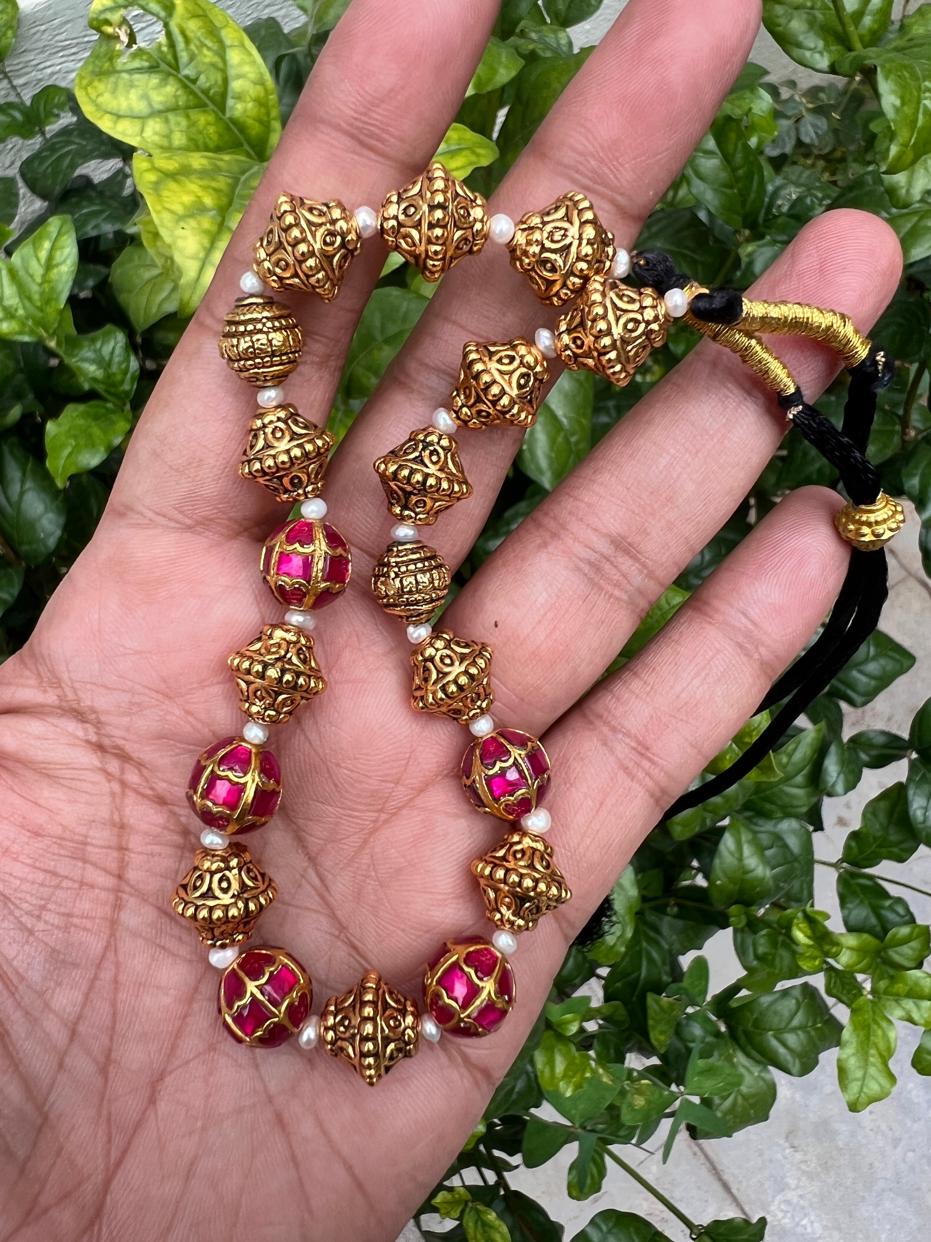 Kundan Ruby & Antique Beads Necklace (Made To Order)-Silver Neckpiece-PL-House of Taamara