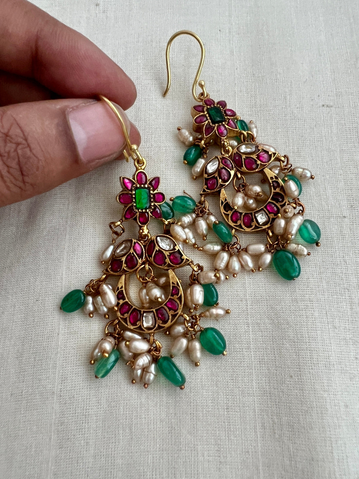 Kundan, Ruby & Emerald Hangings With Pearls (MADE TO ORDER)-Earrings-CI-House of Taamara