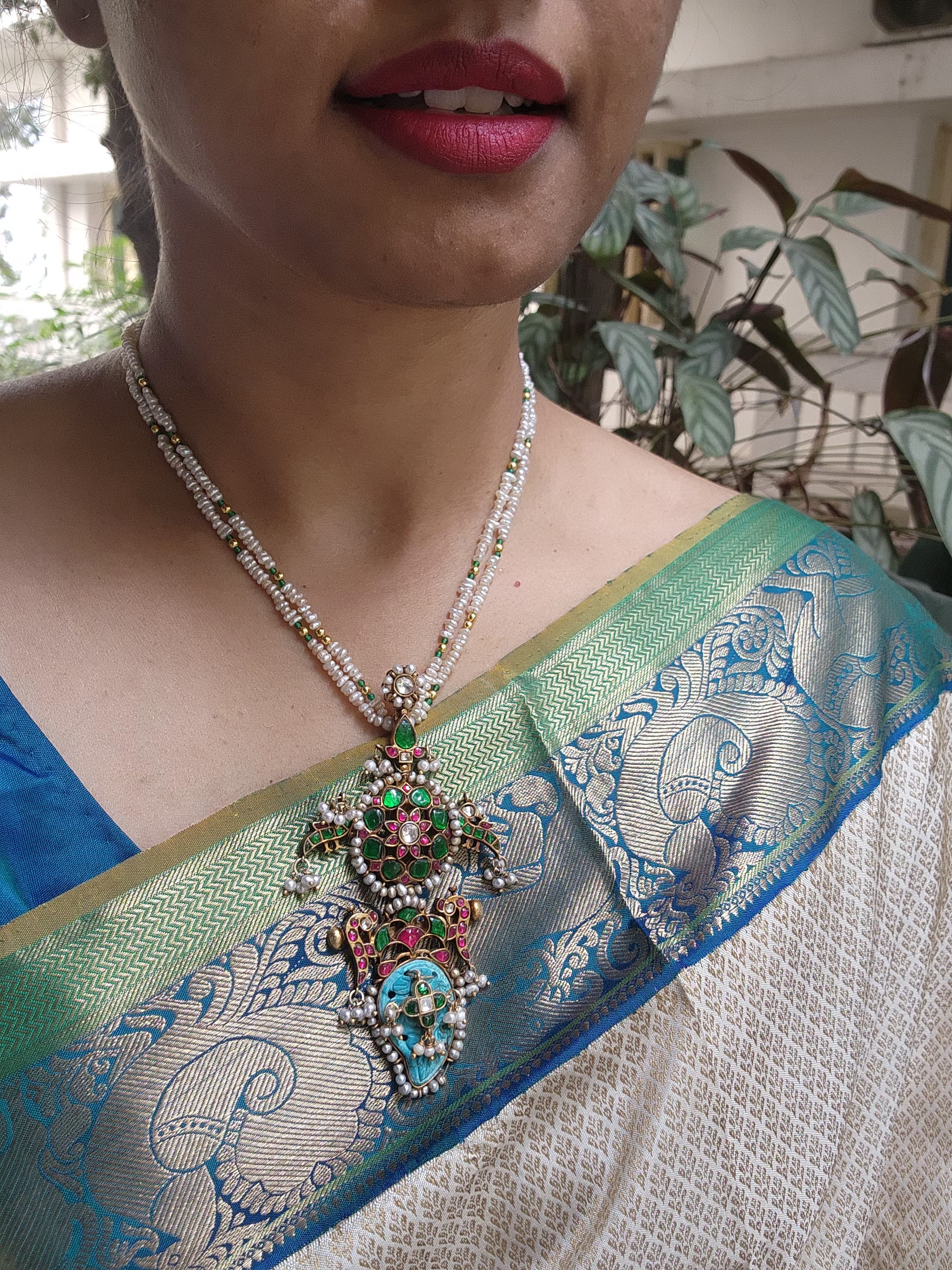 Kundan agate & turquoise pendant with antique style pearls necklace-Silver Neckpiece-PL-House of Taamara