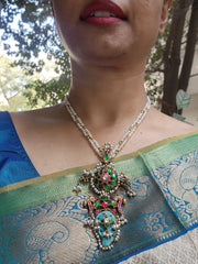 Kundan agate & turquoise pendant with antique style pearls necklace-Silver Neckpiece-PL-House of Taamara