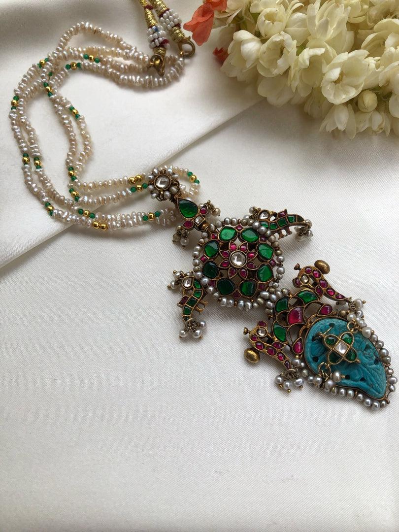 Kundan agate & turquoise pendant with antique style pearls necklace-Silver Neckpiece-PL-House of Taamara