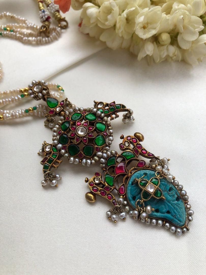 Kundan agate & turquoise pendant with antique style pearls necklace-Silver Neckpiece-PL-House of Taamara