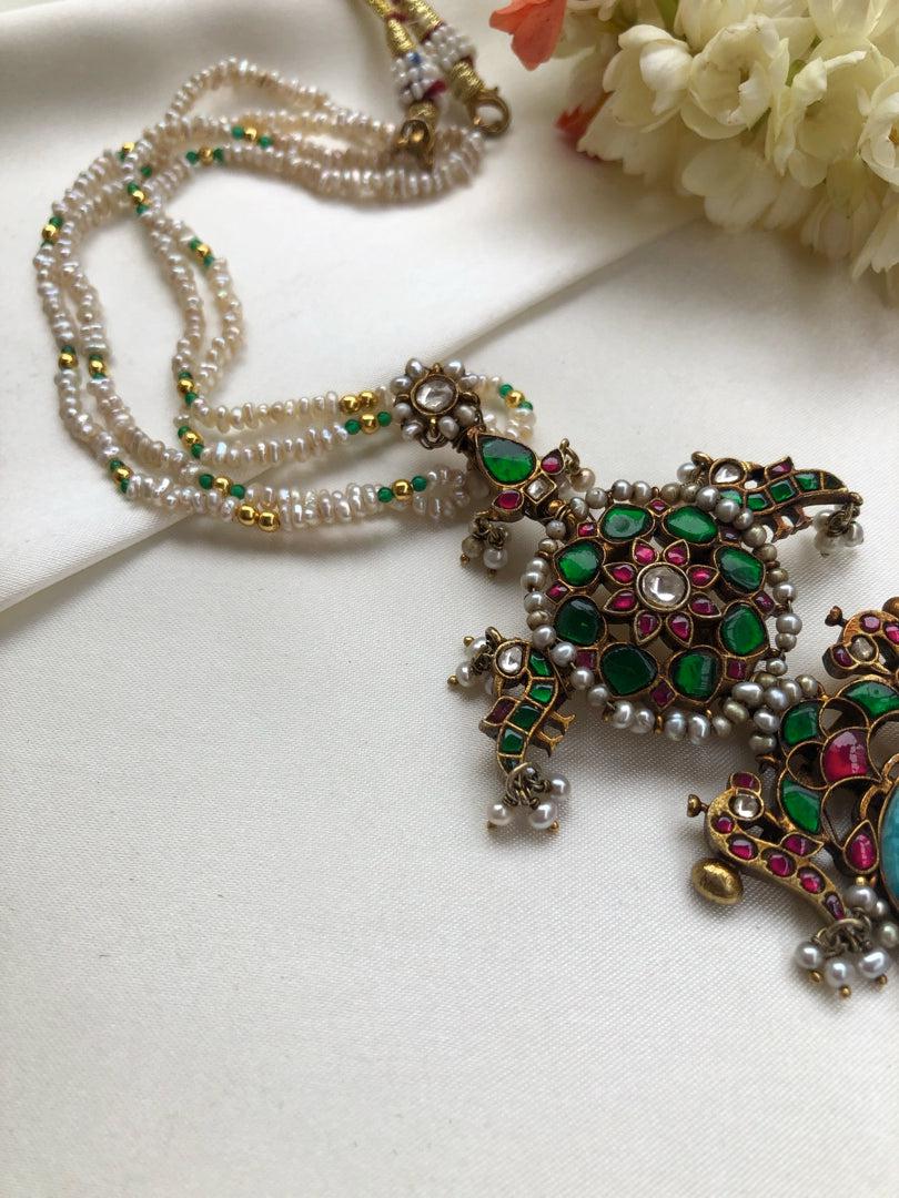 Kundan agate & turquoise pendant with antique style pearls necklace-Silver Neckpiece-PL-House of Taamara