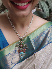 Kundan agate & turquoise pendant with antique style pearls necklace-Silver Neckpiece-PL-House of Taamara