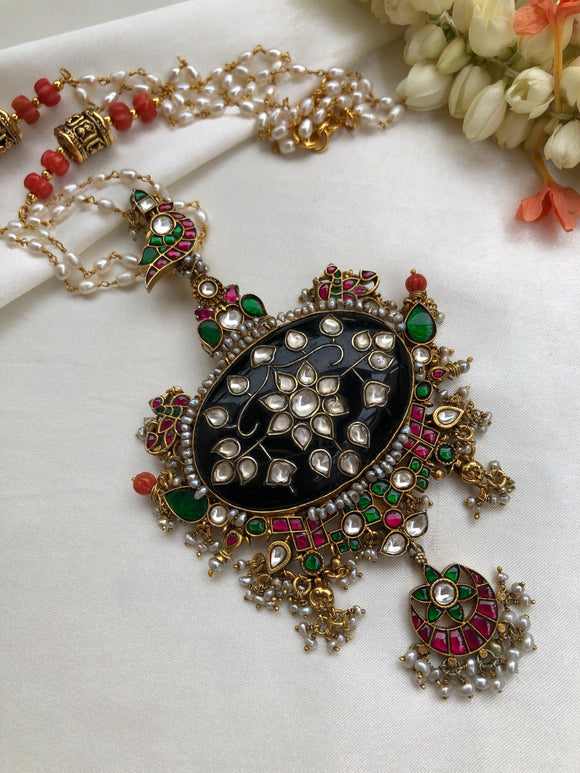 Kundan agate with intricate inlay takti and pearl chain with coral & antique style beads-Silver Neckpiece-PL-House of Taamara