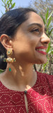 Kundan and big antique style bead with pearls & green peacock earrings-Earrings-PL-House of Taamara
