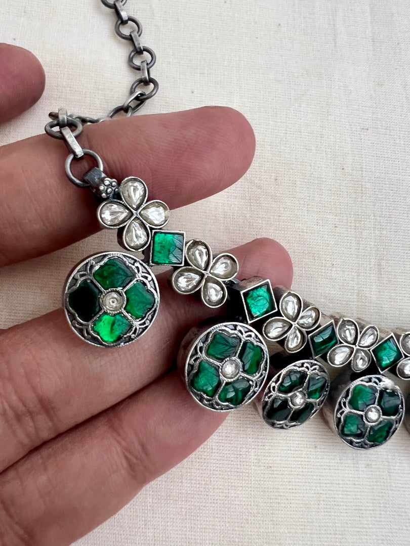 Kundan and emerald necklace with earrings, SET-Silver Neckpiece-CI-House of Taamara