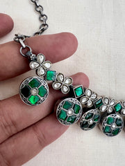 Kundan and emerald necklace with earrings, SET-Silver Neckpiece-CI-House of Taamara