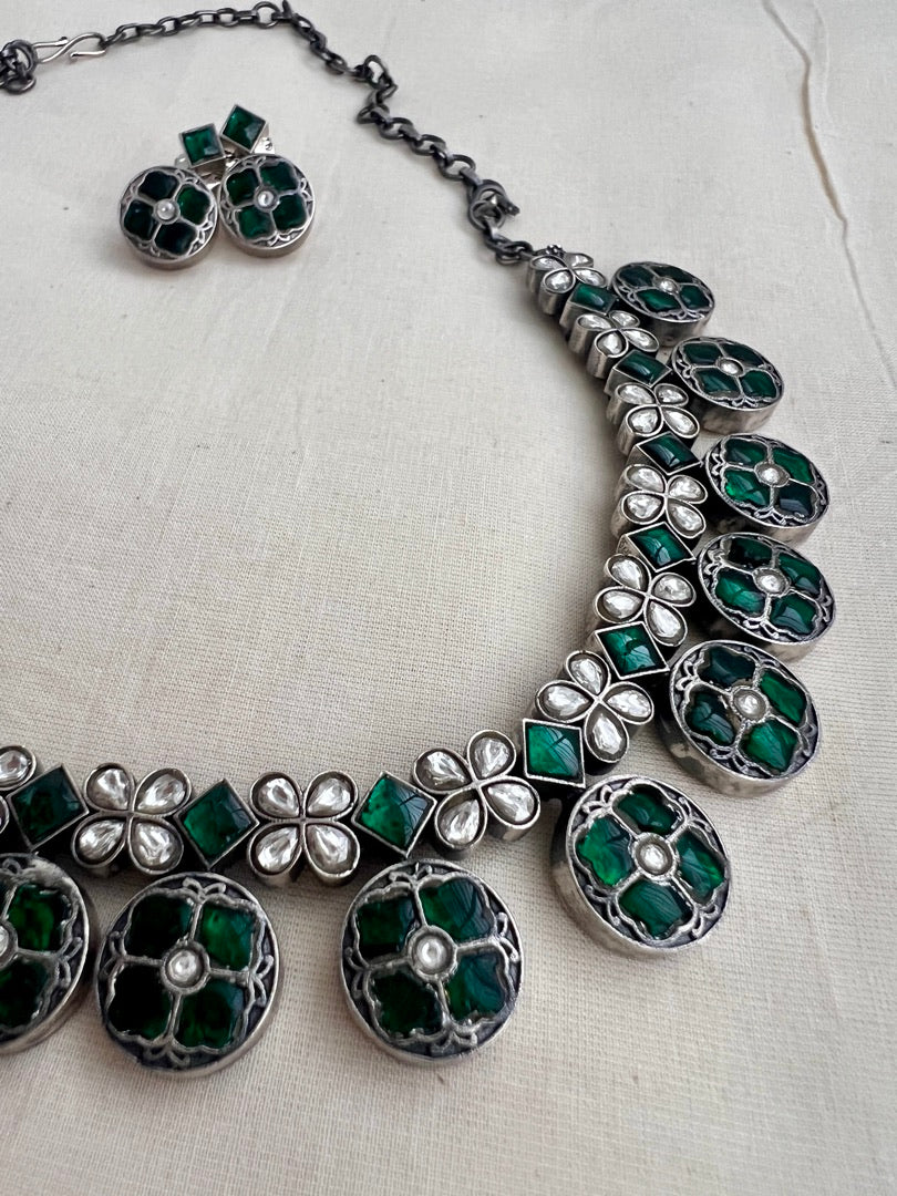 Kundan and emerald necklace with earrings, SET-Silver Neckpiece-CI-House of Taamara