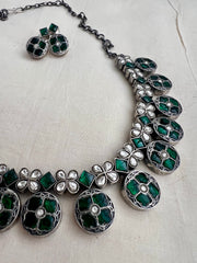 Kundan and emerald necklace with earrings, SET-Silver Neckpiece-CI-House of Taamara