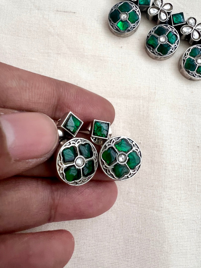Kundan and emerald necklace with earrings, SET-Silver Neckpiece-CI-House of Taamara