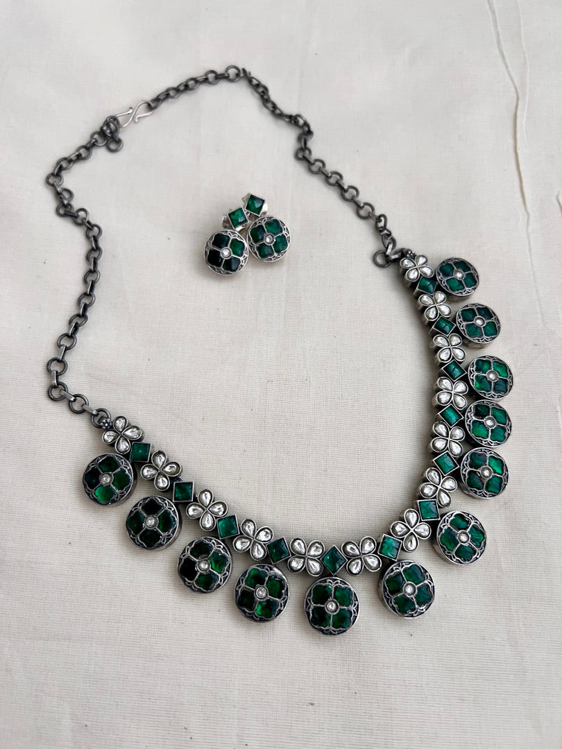 Kundan and emerald necklace with earrings, SET-Silver Neckpiece-CI-House of Taamara