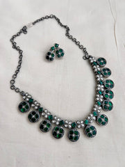 Kundan and emerald necklace with earrings, SET-Silver Neckpiece-CI-House of Taamara