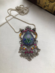 Kundan and enamel pendant with silver chain-Silver Neckpiece-PL-House of Taamara