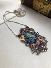 Kundan and enamel pendant with silver chain-Silver Neckpiece-PL-House of Taamara