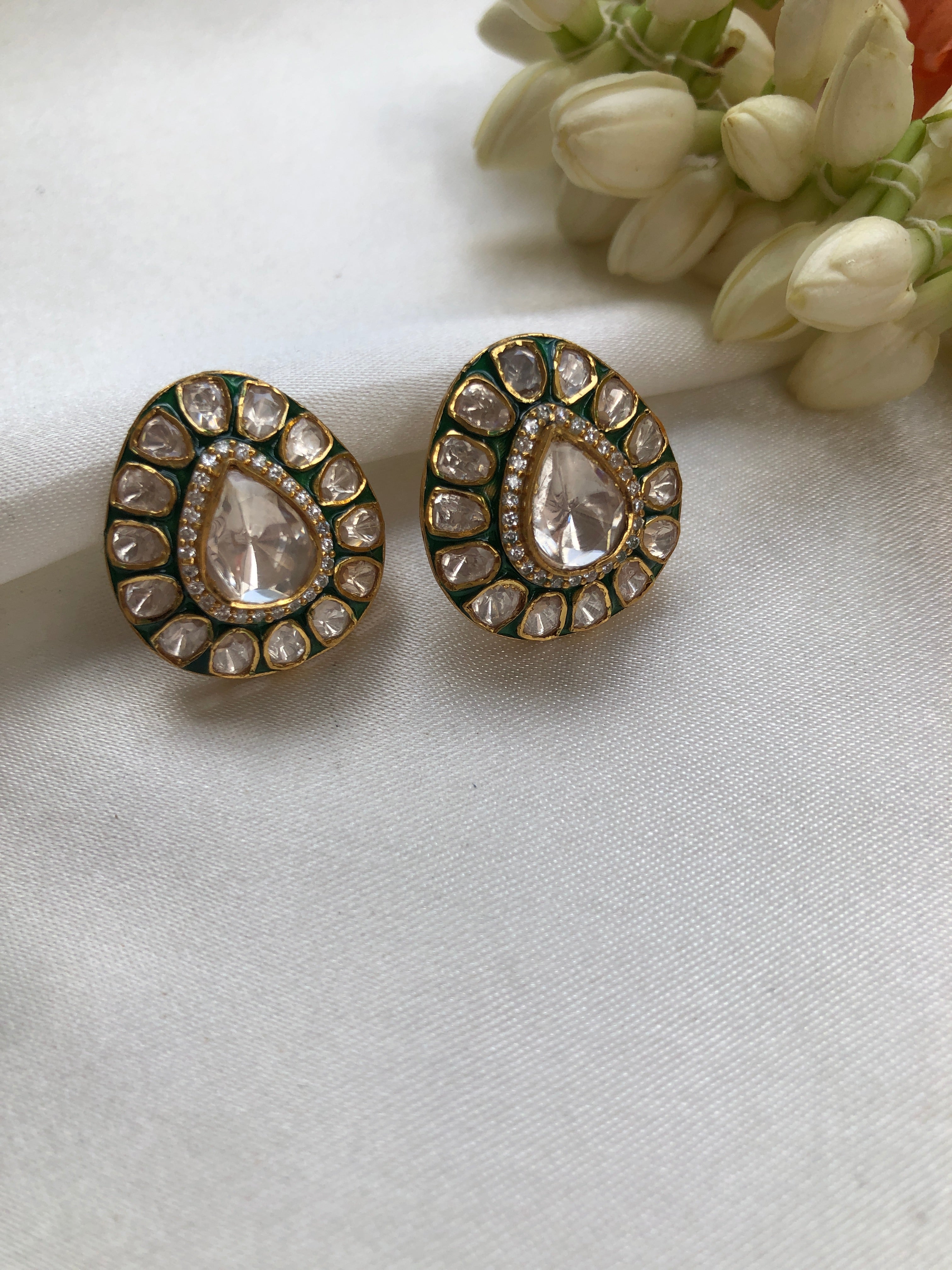 Kundan and green enamel studds-Earrings-PL-House of Taamara