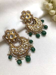 Kundan and mother of pearl chaand earrings with green beads-Earrings-PL-House of Taamara
