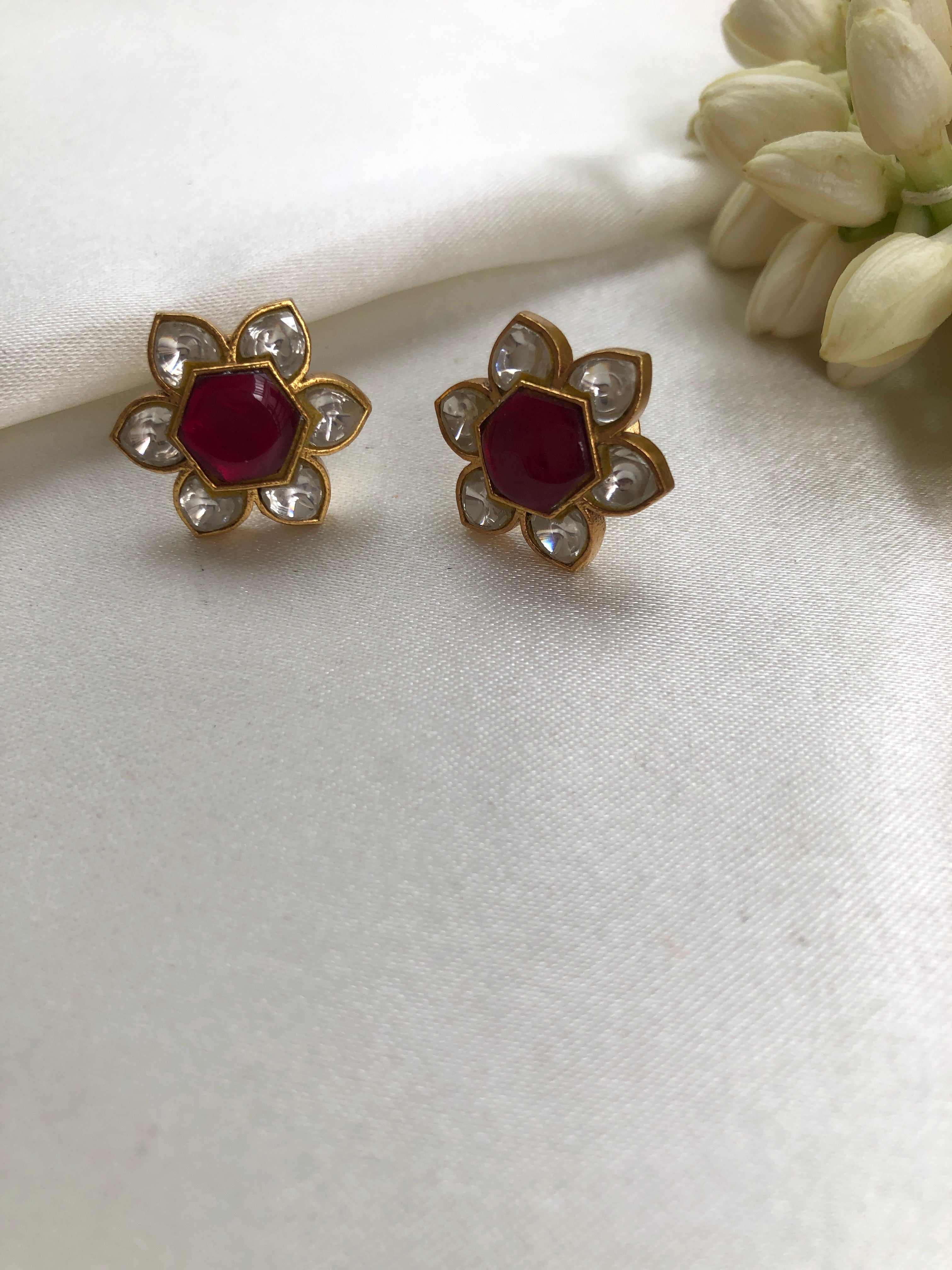 Kundan and ruby flower earrings-Earrings-PL-House of Taamara