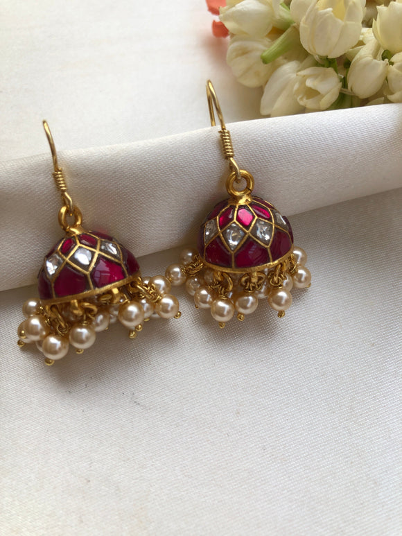Kundan and ruby jhumkas with pearls bunch-Earrings-PL-House of Taamara