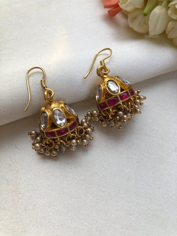 Kundan and ruby jhumkas with pearls bunch-Earrings-PL-House of Taamara