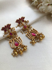 Kundan and ruby lotus earrings-Earrings-PL-House of Taamara