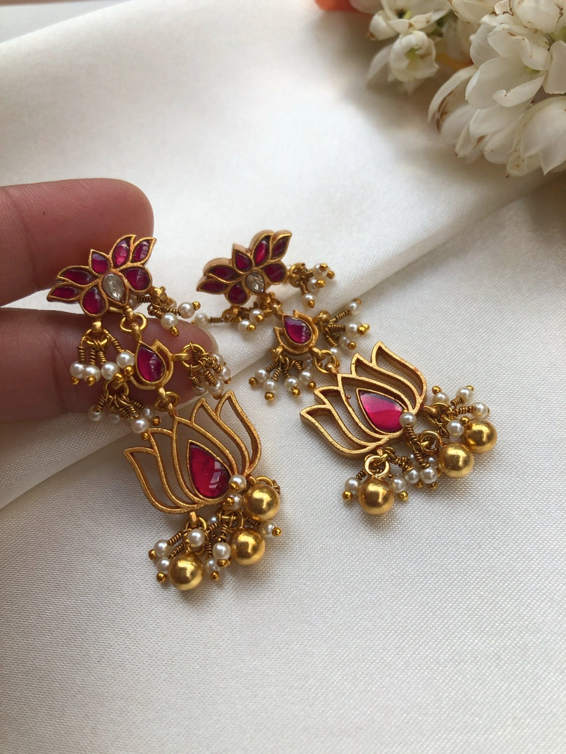 Kundan and ruby lotus earrings-Earrings-PL-House of Taamara