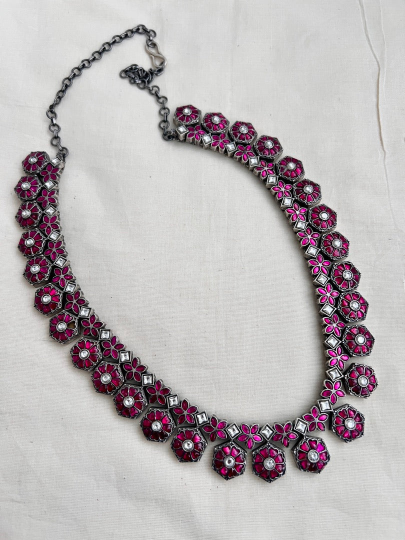 Kundan and ruby necklace with earrings, SET-Silver Neckpiece-CI-House of Taamara