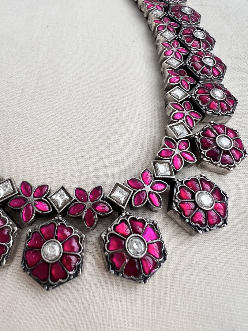 Kundan and ruby necklace with earrings, SET-Silver Neckpiece-CI-House of Taamara