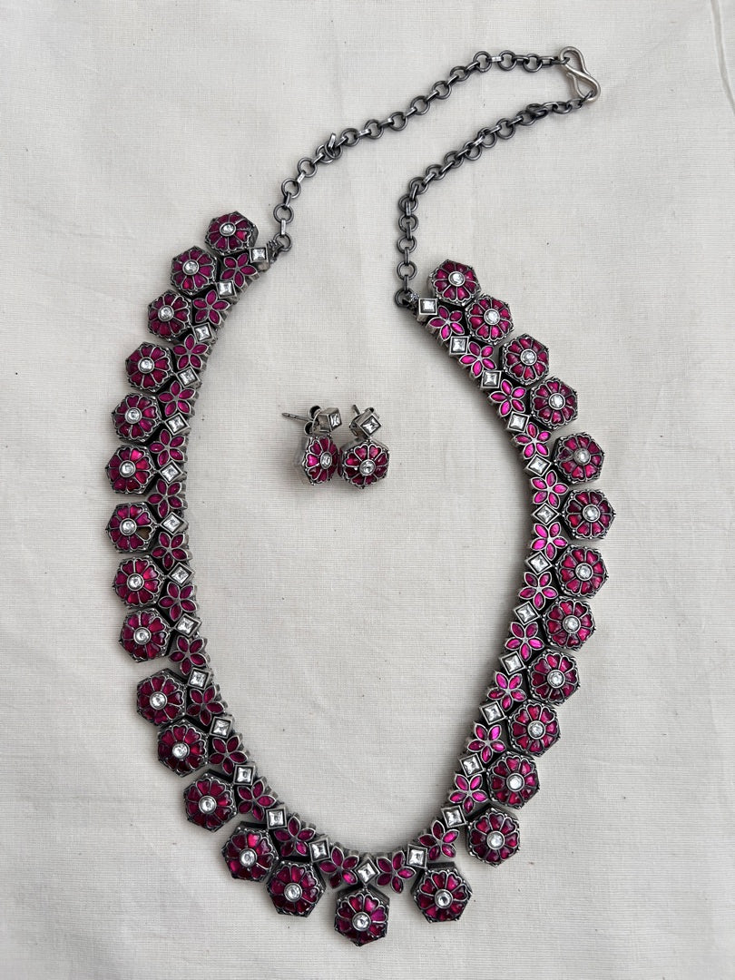 Kundan and ruby necklace with earrings, SET-Silver Neckpiece-CI-House of Taamara