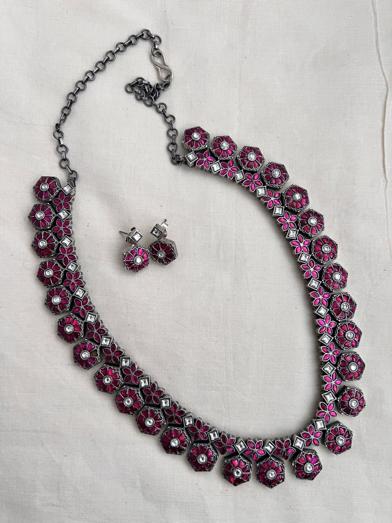 Kundan and ruby necklace with earrings, SET-Silver Neckpiece-CI-House of Taamara