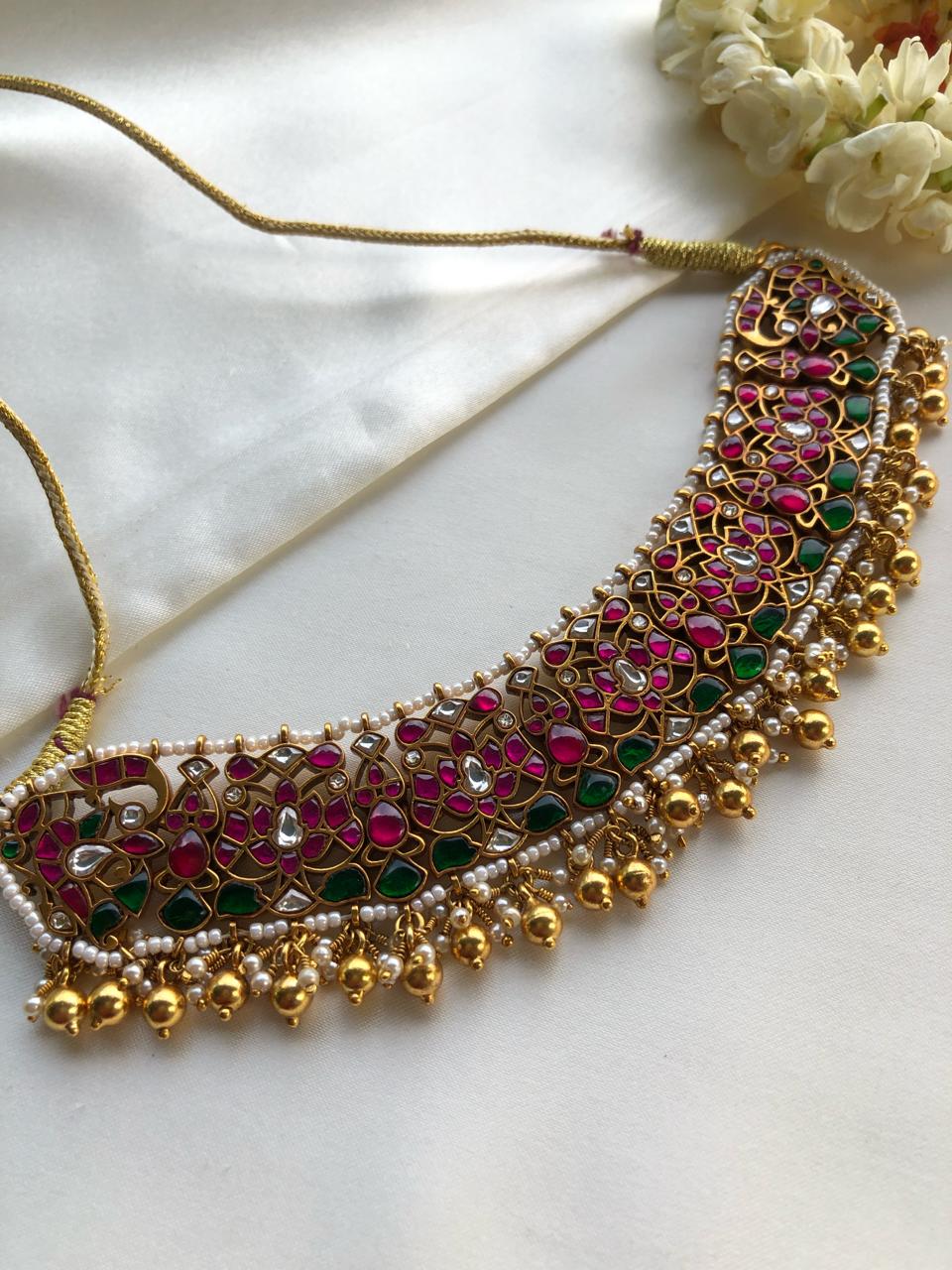 Kundan and ruby with gundus and pearls choker-Silver Neckpiece-PL-House of Taamara