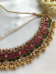 Kundan and ruby with gundus and pearls choker-Silver Neckpiece-PL-House of Taamara