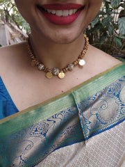 Kundan & antique style beads with kasu pendant necklace-Silver Neckpiece-PL-House of Taamara